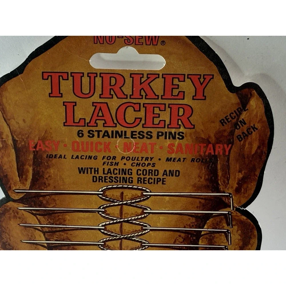Vintage M.E. Heuck Co No-Sew Turkey Lacer Kit 6 Pins Twine Recipe New Old Stock